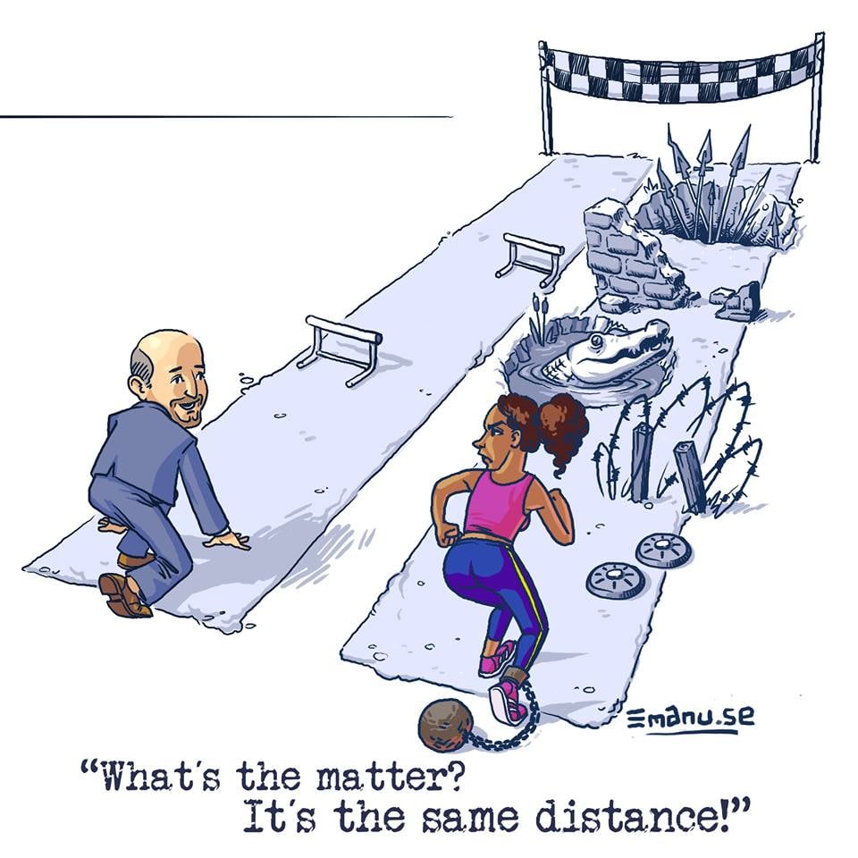 A newspaper or magazine style cartoon of a white man in a suit and black woman in track clothes. They are about to start a race. The white mans track has 2 hurdles. The black womans track has weights, an alligator, barbed wire, a stone wall, and spikes. The caption reads: "What's the matter? It's the same distance!"